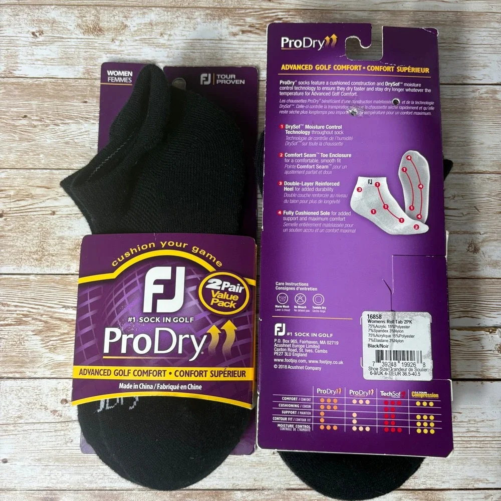 FootJoy ProDry Golf Socks Womens 6-9 Black 2 Pair Value Pack‎ Roll Tab 16858